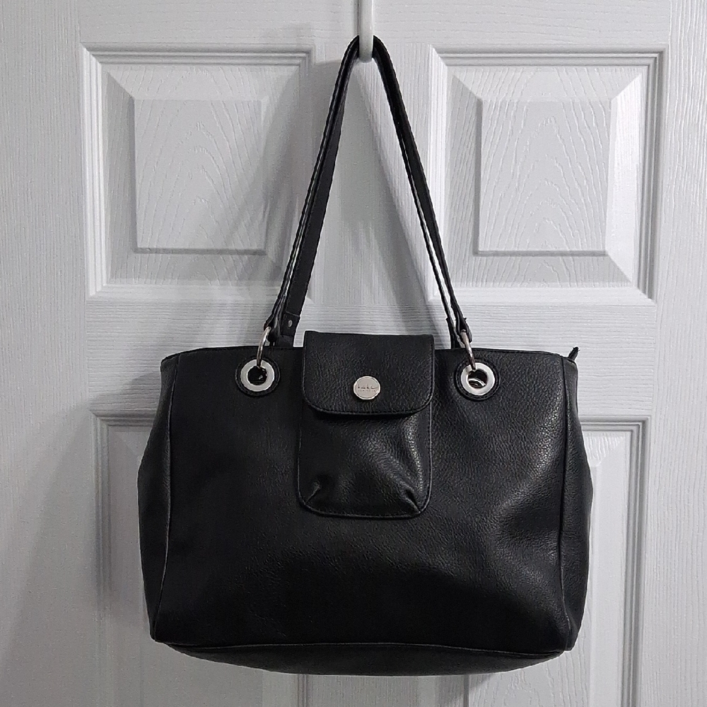 Nicole Miller Black Satchel Shoulder Bag  Multiple Pockets Silver Hardware